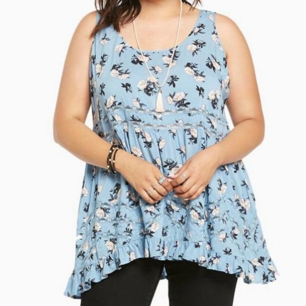 Torrid Western Romantic Sleeveless Blue Floral Lace Tiered Flowy Blouse size 0X